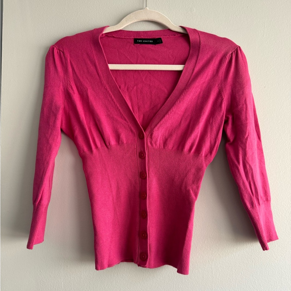THE LIMITED Button Down V-Neck Long Sleeve Pink Cardigan Fitted Sweater Women XS
